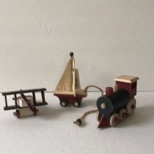 Americana wooden toy decorations boat, plane, train